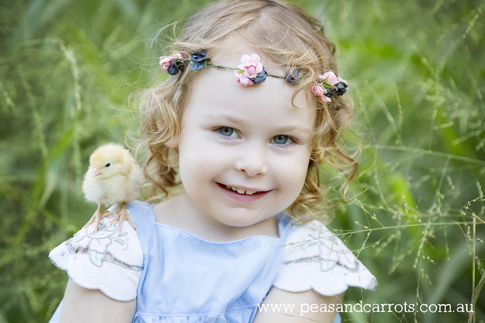 Brisbane Childrens Photography, Photographer Nikki Joyner for Peas & Carrots Photography captures whimsical and unique images of childhood moments, colourful and fun photographs.  Miss Eden with her baby chickens just one day old and freshly hatched from