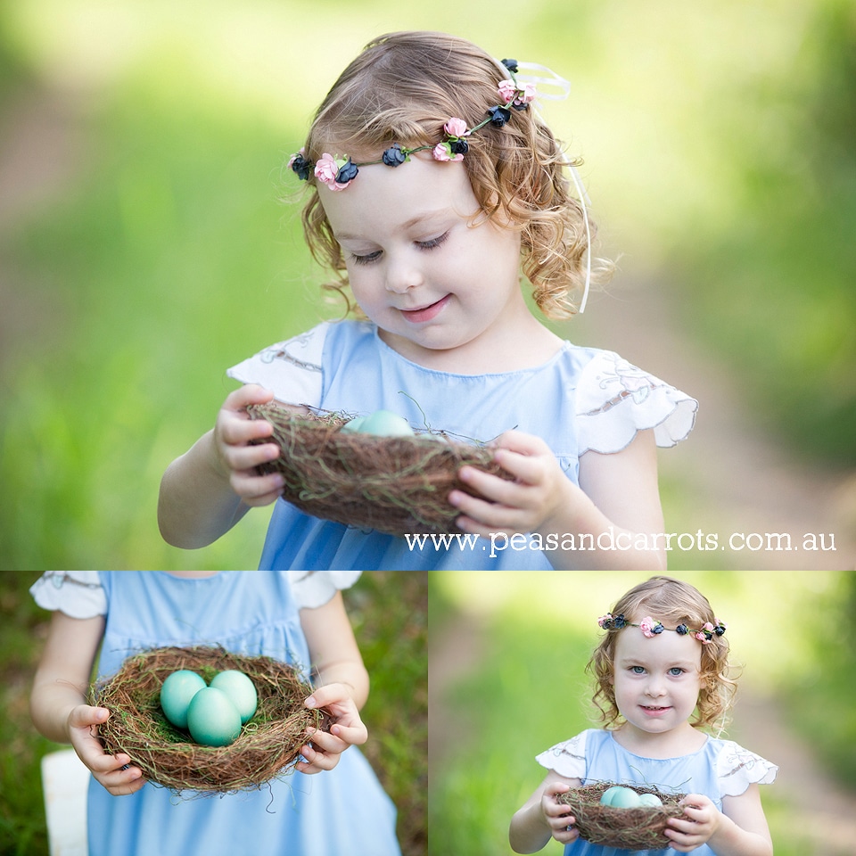 Brisbane Childrens Photography, Photographer Nikki Joyner for Peas & Carrots Photography captures whimsical and unique images of childhood moments, colourful and fun photographs.  Miss Eden with her baby chickens just one day old and freshly hatched from t